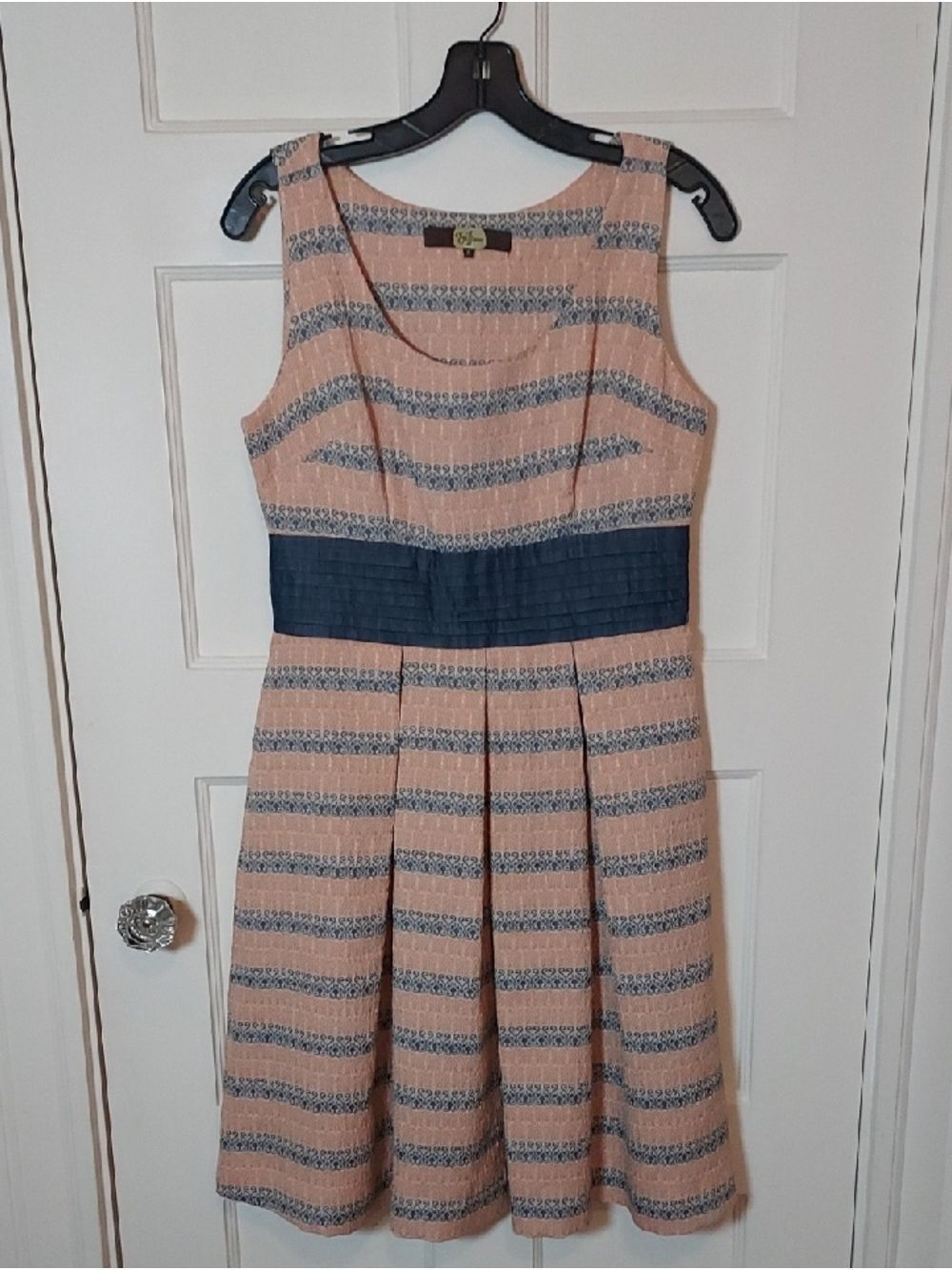 Eva Franco Textured Peach Dress with Chambray Waistband and Stripe Accents SZ 6